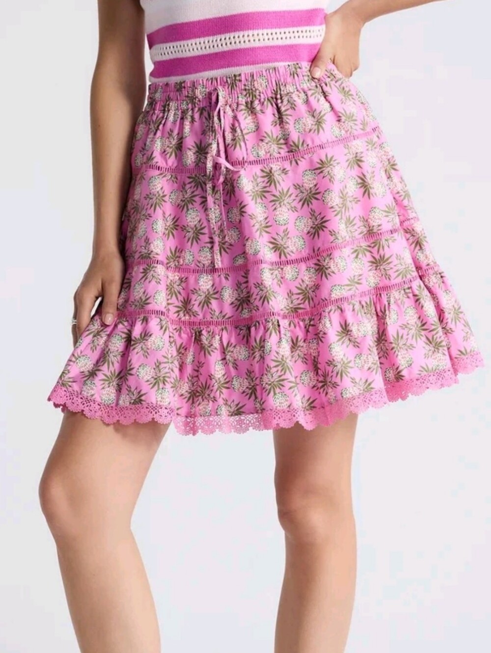 Free Assembly Women's and Women’s Plus Tiered Cotton Mini Skirt with Lace Trim